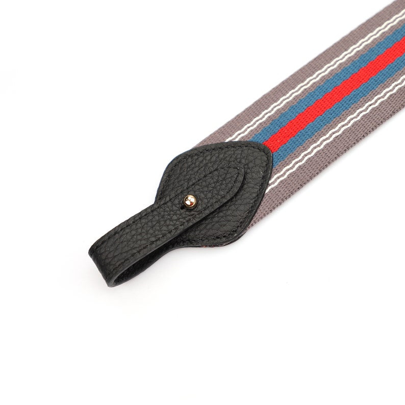 Striped Bag Strap: Adjustable Cotton Webbing with Black Leather Ends
