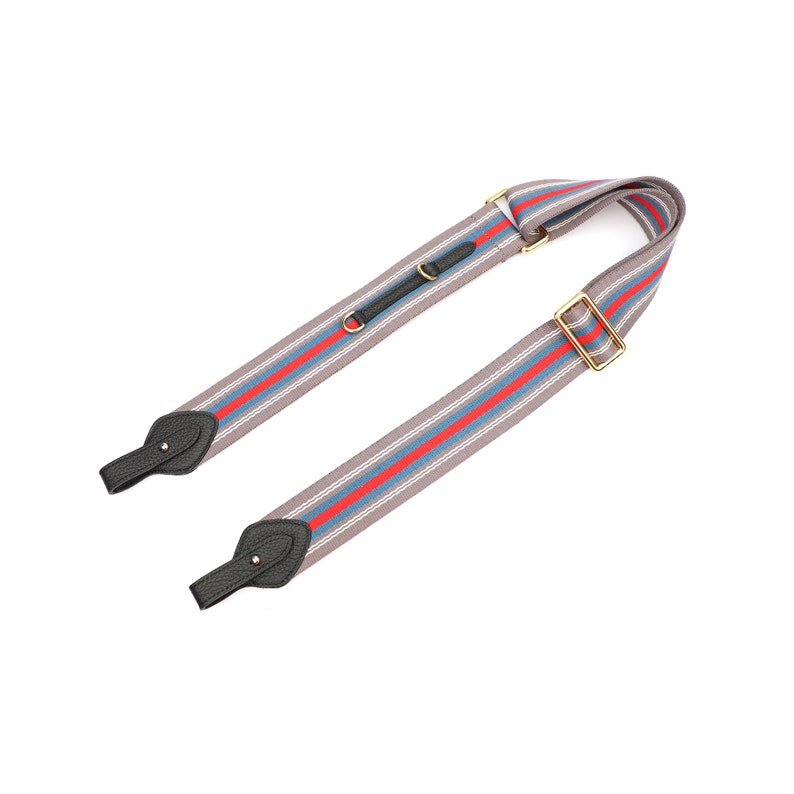 Striped Bag Strap: Adjustable Cotton Webbing with Black Leather Ends