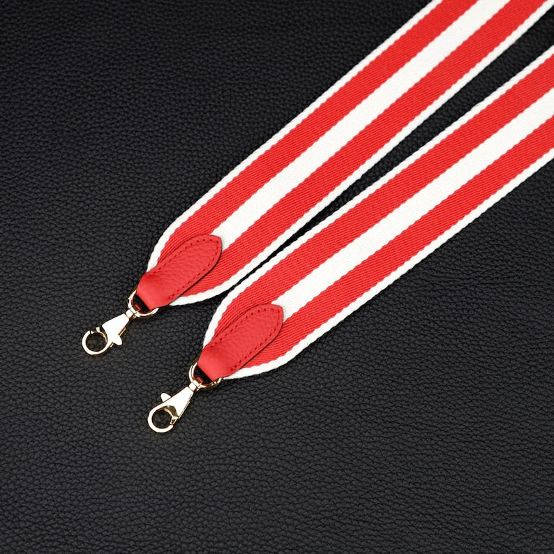50mm Striped Canvas Shoulder Bag Strap: Togo Leather Accent