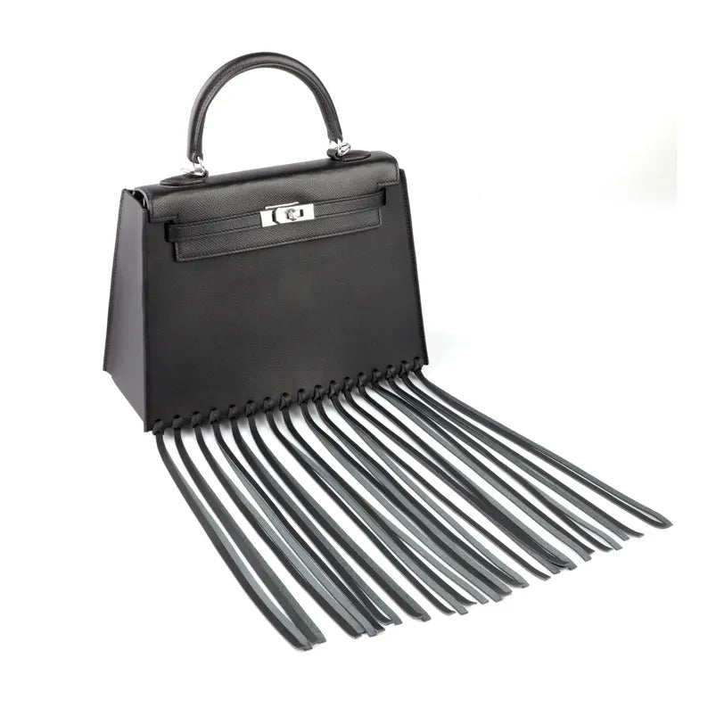 Black Fringe Bag Cover for Kelly bag | Leather Protective Bag Cape | Luxury Purse Cover with Long Tassels | Custom Handmade Bag Accessory