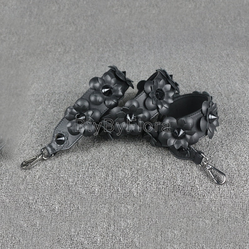 Luxury Black Leather Bandoulière (Designer Style): 3D Floral Appliqué & Studded Crossbody Strap