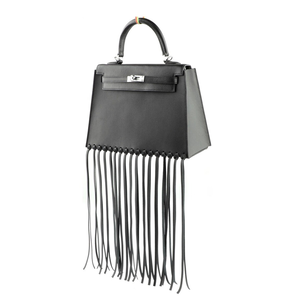Black Fringe Bag Cover for Kelly bag | Leather Protective Bag Cape | Luxury Purse Cover with Long Tassels | Custom Handmade Bag Accessory
