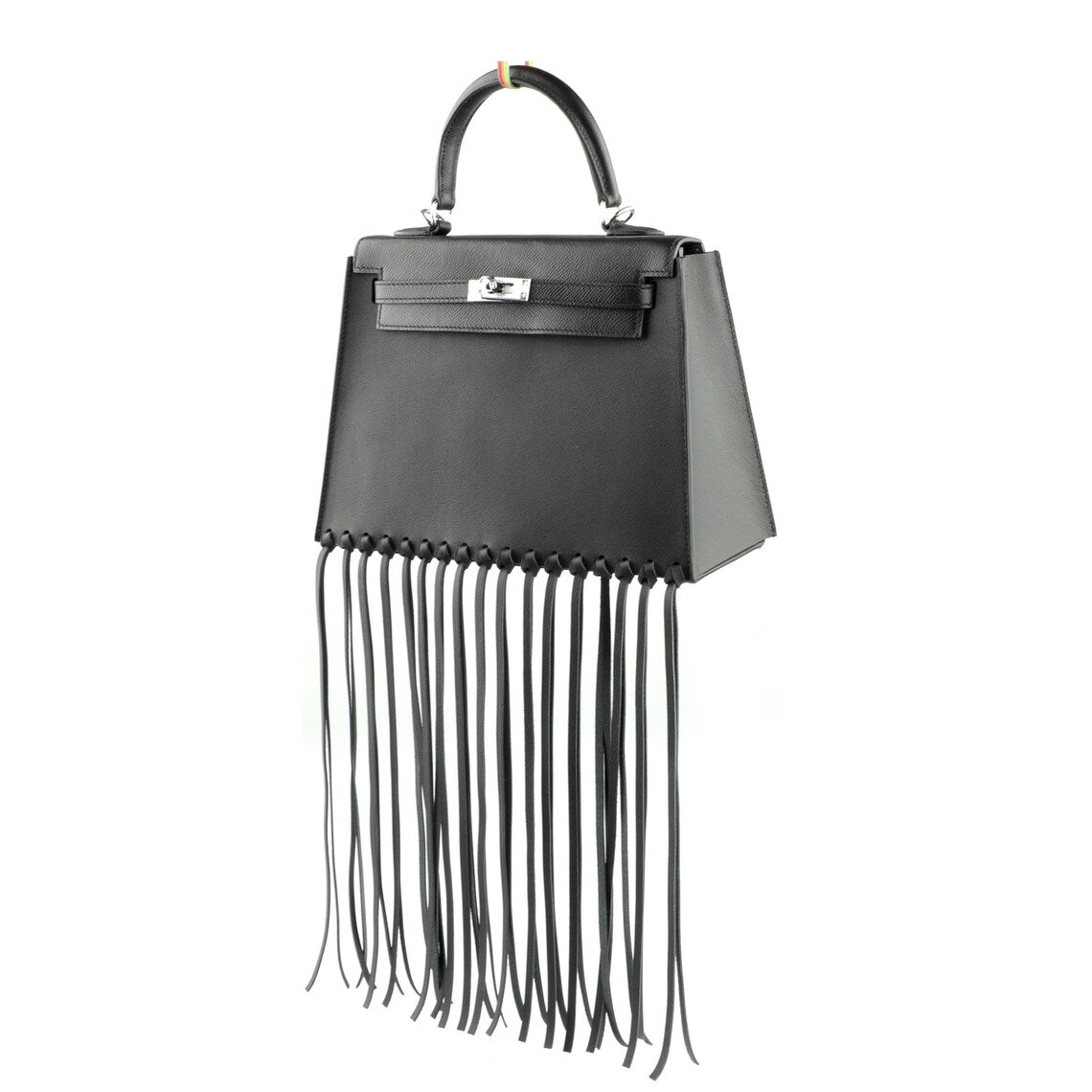 Black Fringe Bag Cover for Kelly bag | Leather Protective Bag Cape | Luxury Purse Cover with Long Tassels | Custom Handmade Bag Accessory