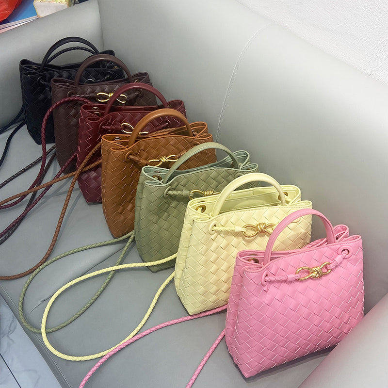 Women’s Woven Leather Tote Bag with Diamond Pattern image 13
