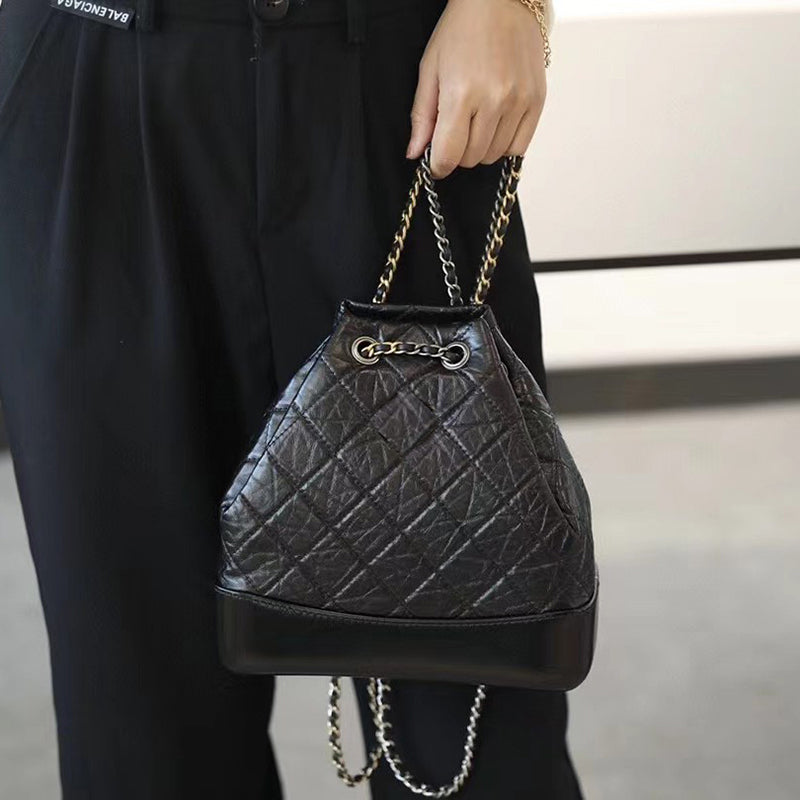 Women’s Quilted Genuine Leather Crossbody Bucket Bags in Black image 5
