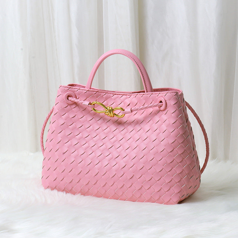 Women’s Minimalist Woven Split Leather Shoulder Tote Handbag In Gold Hardware image 2