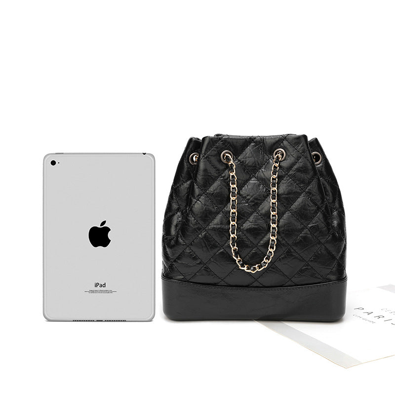 Women’s Quilted Genuine Leather Crossbody Bucket Bags in Black image 3