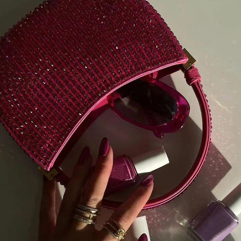 Women’s Small Hot Pink Rhinestones Party Baguette Bags image 6