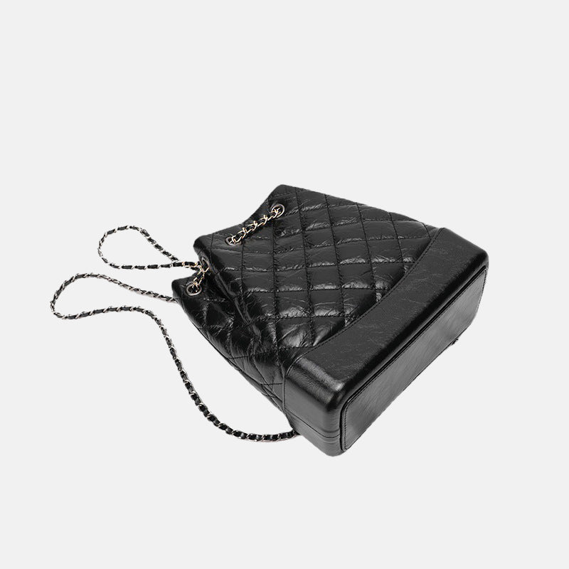 Women’s Quilted Genuine Leather Crossbody Bucket Bags in Black image 2