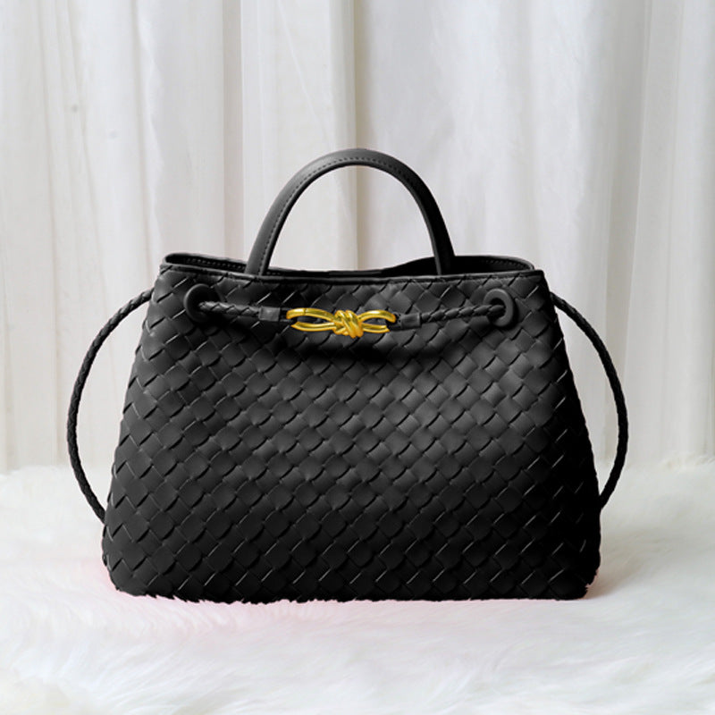 Women’s Minimalist Woven Split Leather Shoulder Tote Handbag In Gold Hardware image 6