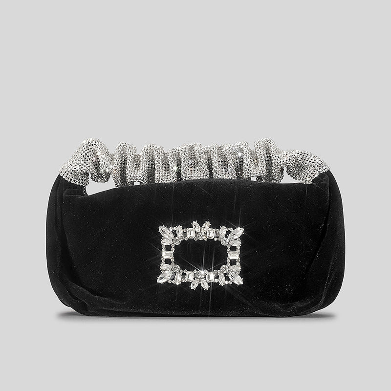 Women’s Velvet Rhinestone Clutch Bag with Pleated Design for Party and Events image
