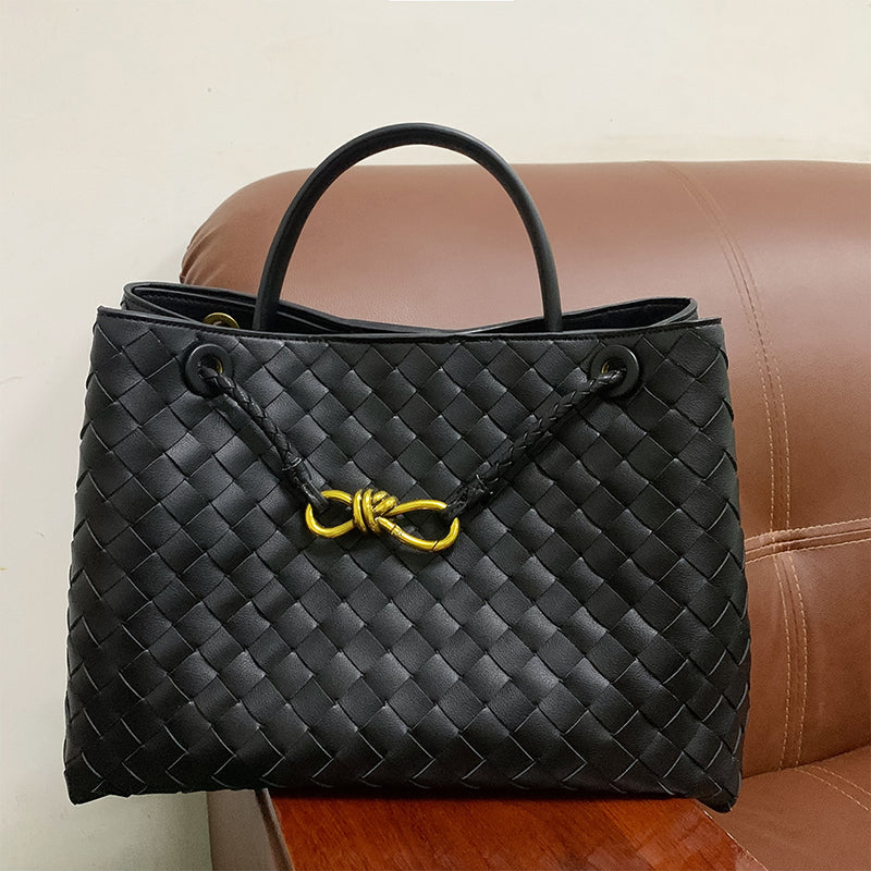 Women’s Woven Leather Tote Bag with Diamond Pattern image 10