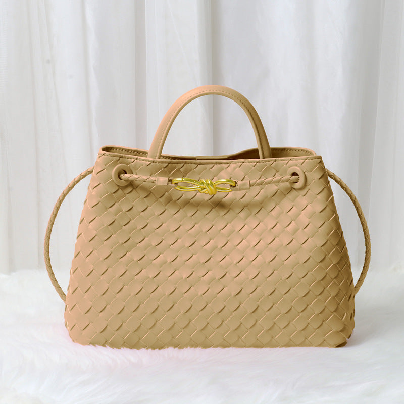 Women’s Minimalist Woven Split Leather Shoulder Tote Handbag In Gold Hardware image 7