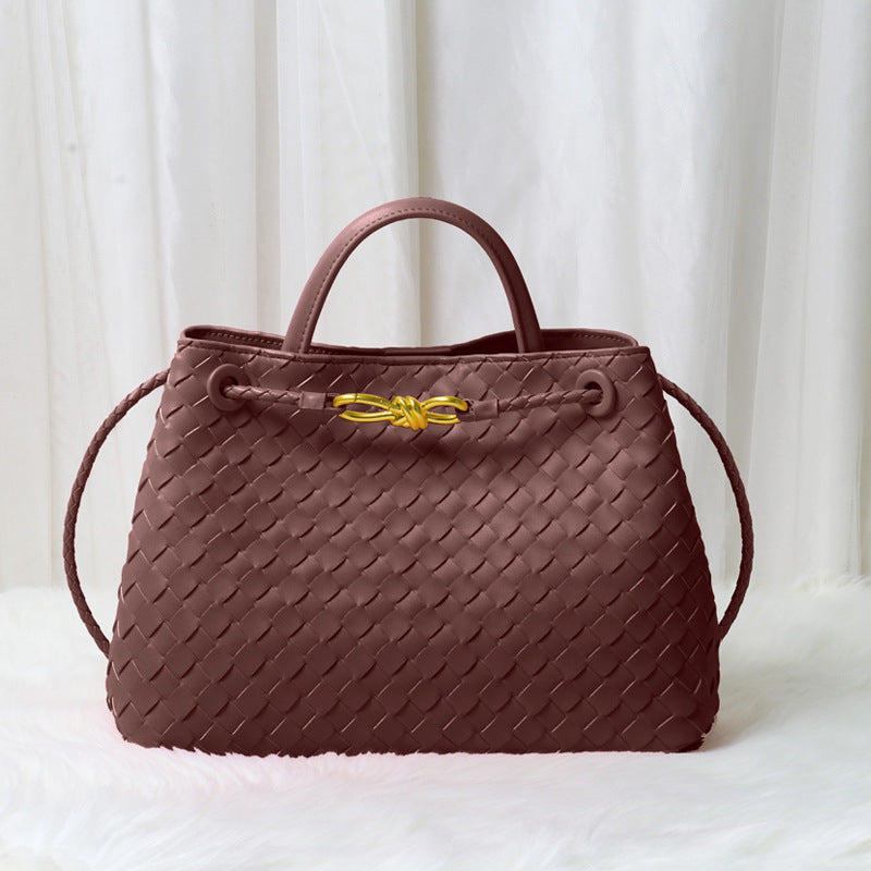 Women’s Minimalist Woven Split Leather Shoulder Tote Handbag In Gold Hardware image 9