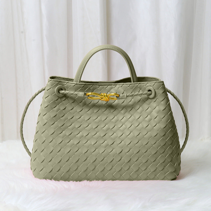 Women’s Minimalist Woven Split Leather Shoulder Tote Handbag In Gold Hardware image 10