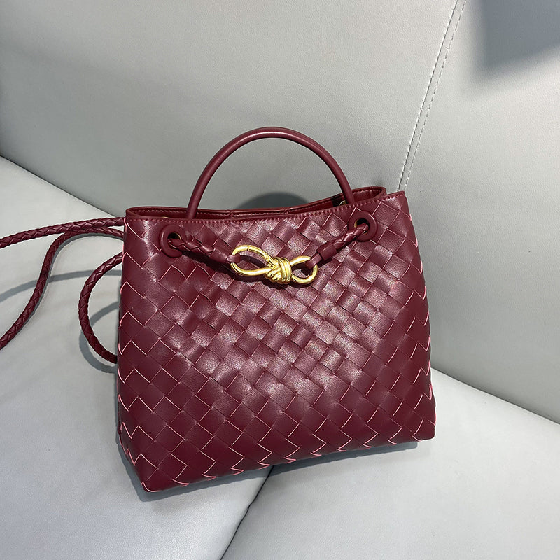 Women’s Woven Leather Tote Bag with Diamond Pattern image 8