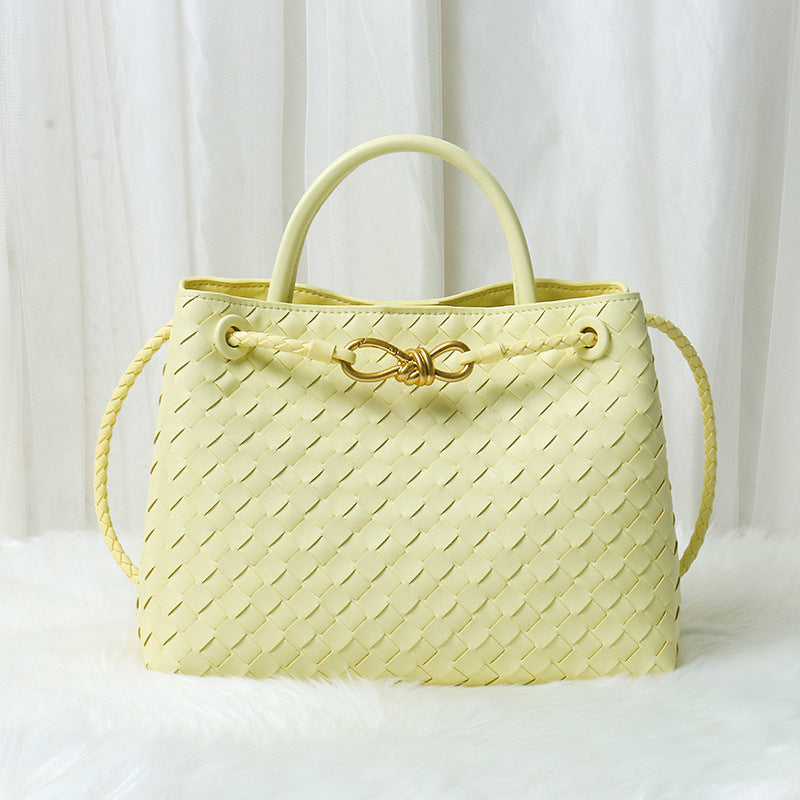 Women’s Minimalist Woven Split Leather Shoulder Tote Handbag In Gold Hardware image 11