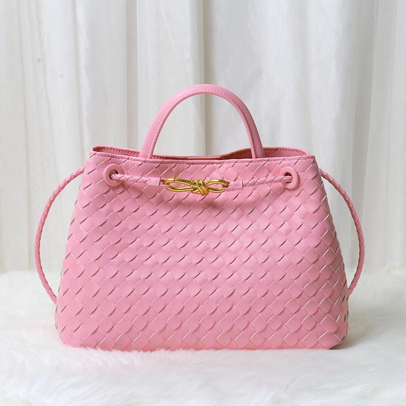 Women’s Minimalist Woven Split Leather Shoulder Tote Handbag In Gold Hardware image