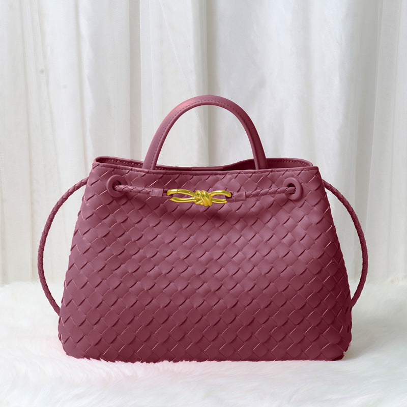 Women’s Minimalist Woven Split Leather Shoulder Tote Handbag In Gold Hardware image 12