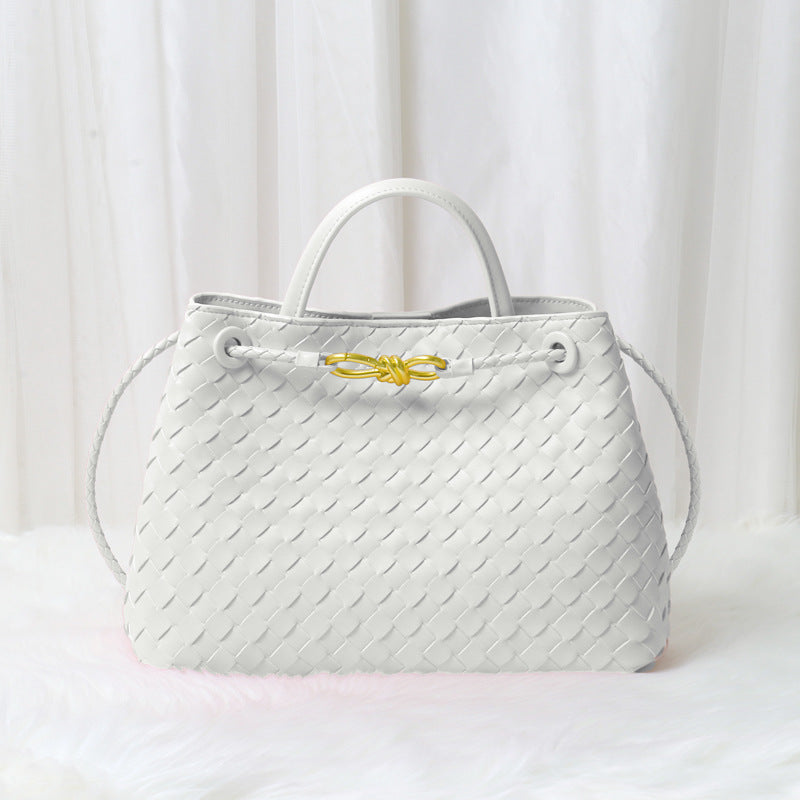 Women’s Minimalist Woven Split Leather Shoulder Tote Handbag In Gold Hardware image 13