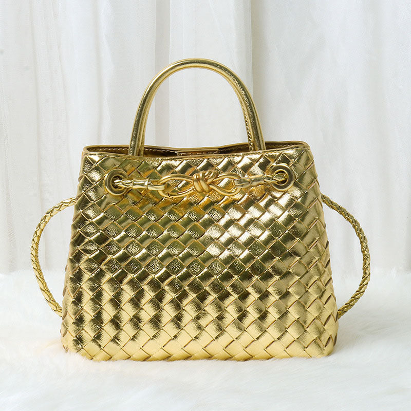 Women’s Minimalist Woven Split Leather Shoulder Tote Handbag In Gold Hardware image 14