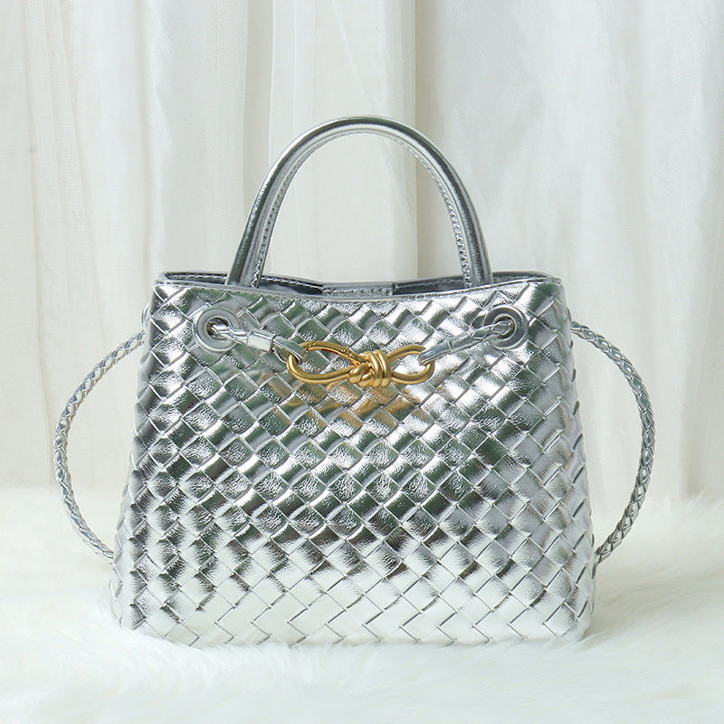 Women’s Minimalist Woven Split Leather Shoulder Tote Handbag In Gold Hardware image 15
