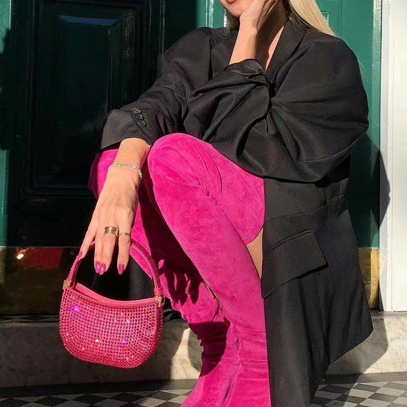 Women’s Small Hot Pink Rhinestones Party Baguette Bags image