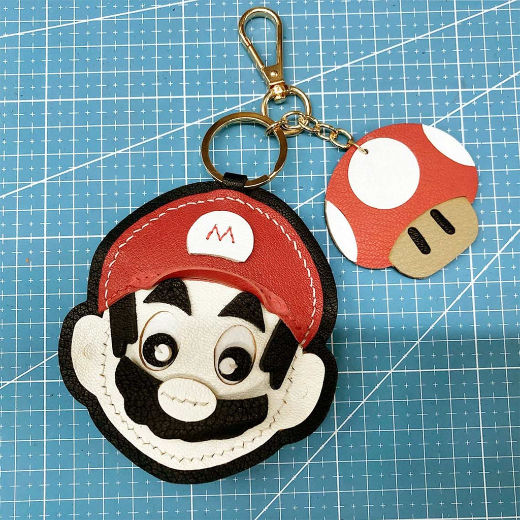 Super Mario Bro Leather Charm Keychain with Mushroom Leather Pendant | Handmade DIY Keychains - Wirkin