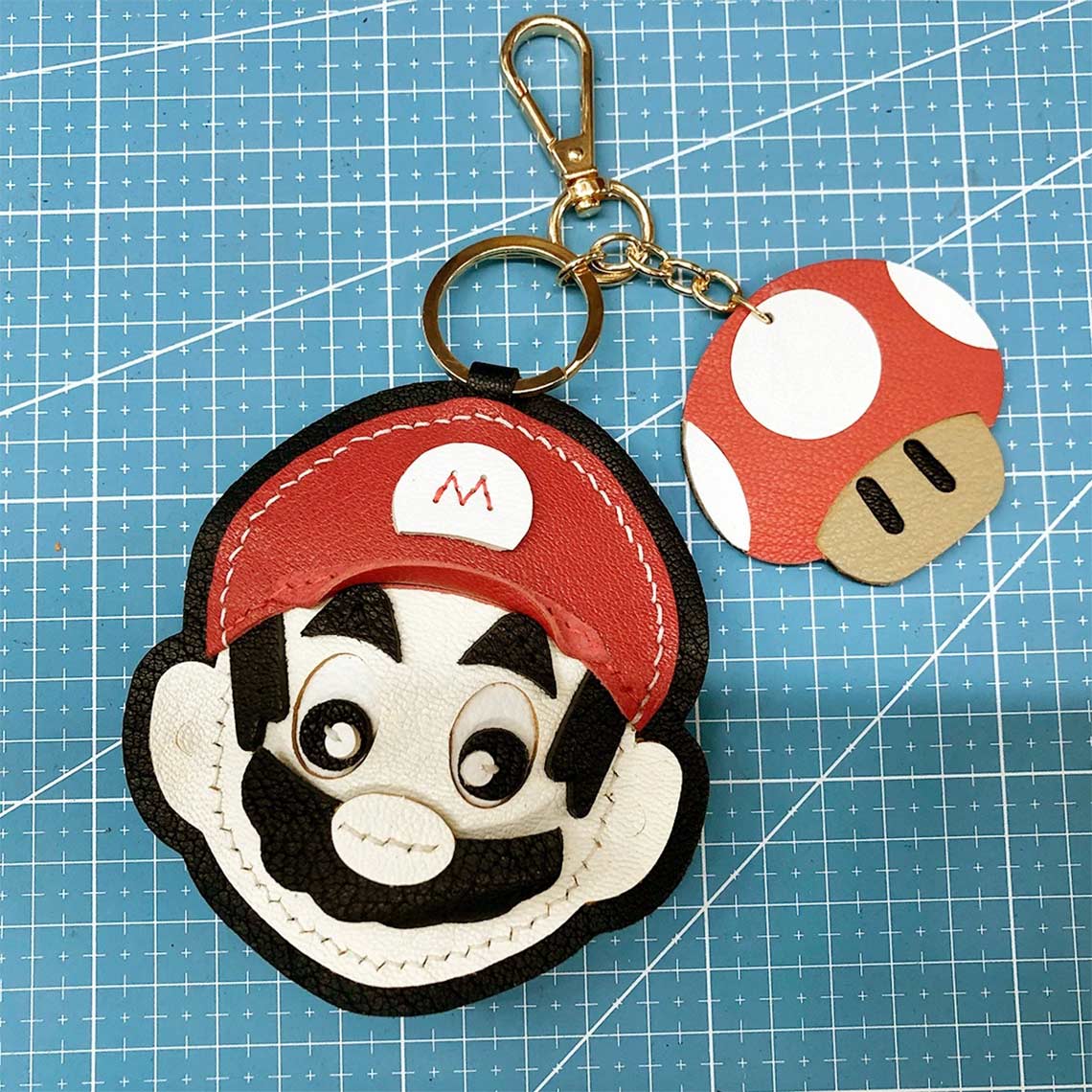 Super Mario Bro Leather Charm Keychain with Mushroom Leather Pendant | Handmade DIY Keychains - Wirkin