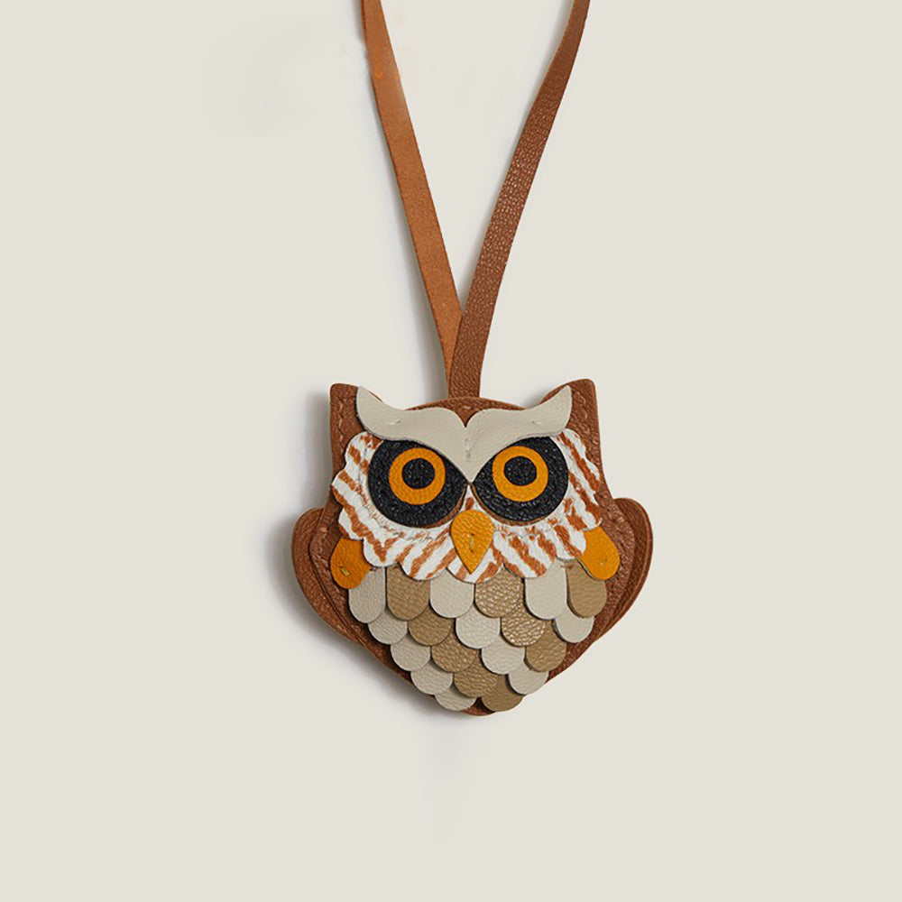 Handmade Patchwork Leather Owl Keychain & Car Pendant – Unique Hanging Ornament for Bags & Vehicles