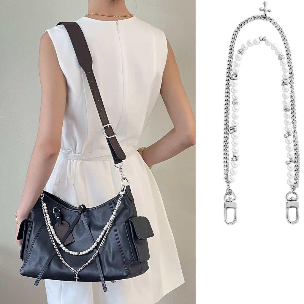 Handcrafted Pearl & Metal Chain Decoration for Carryall Black Warrior Bag - High-Quality, Stylish Transformation Accessory