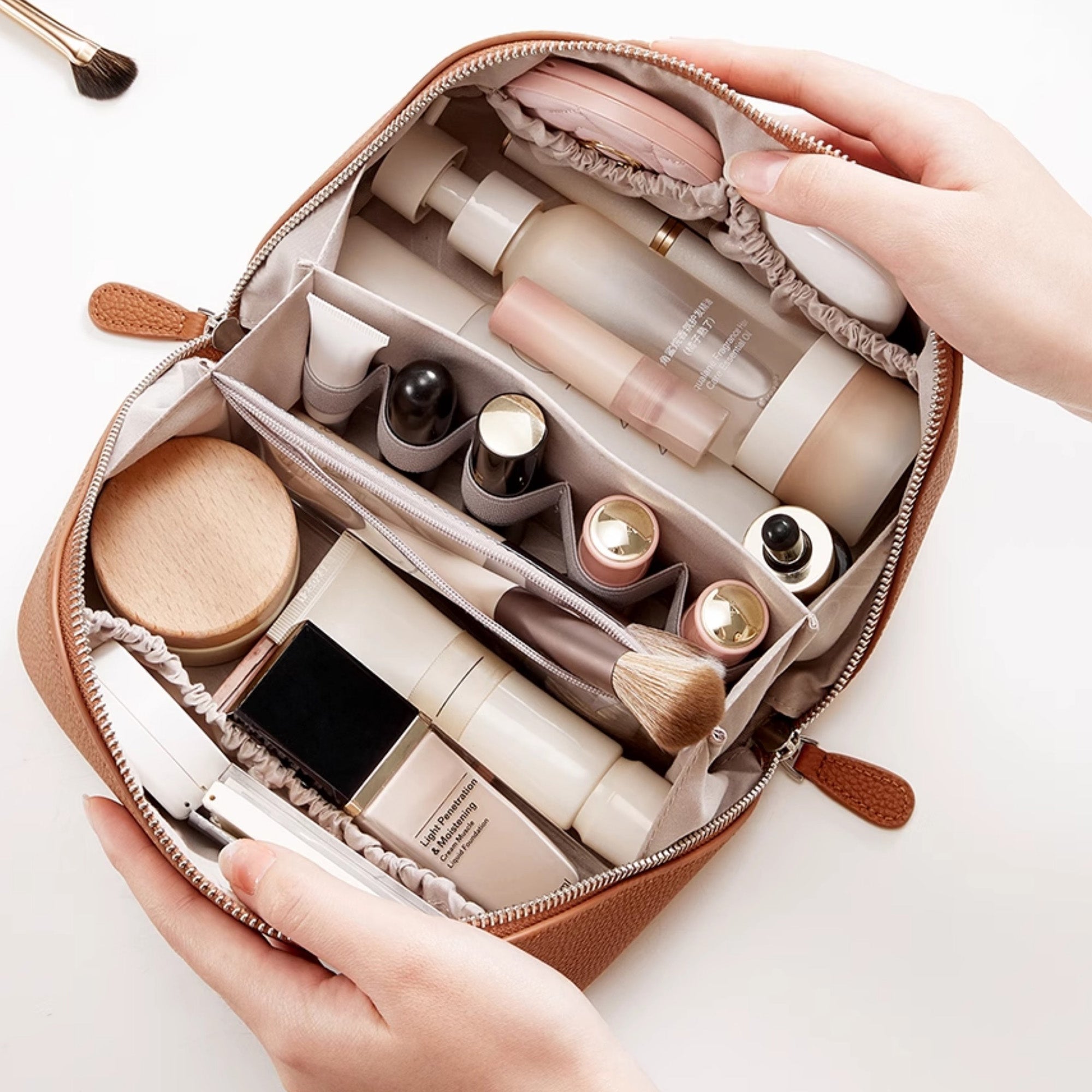 Handcrafted Premium Leather Travel Makeup & Toiletry Bag - Large Capacity with Multi-Compartments, Lightweight & Luxurious Organizer for Women