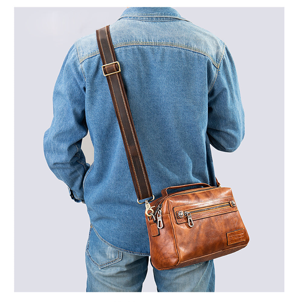 Adjustable Vintage Crazy Horse Leather Shoulder Strap for Men – Crossbody Bag Replacement Strap with Metal Hardware, Retro Style for Leather Bags