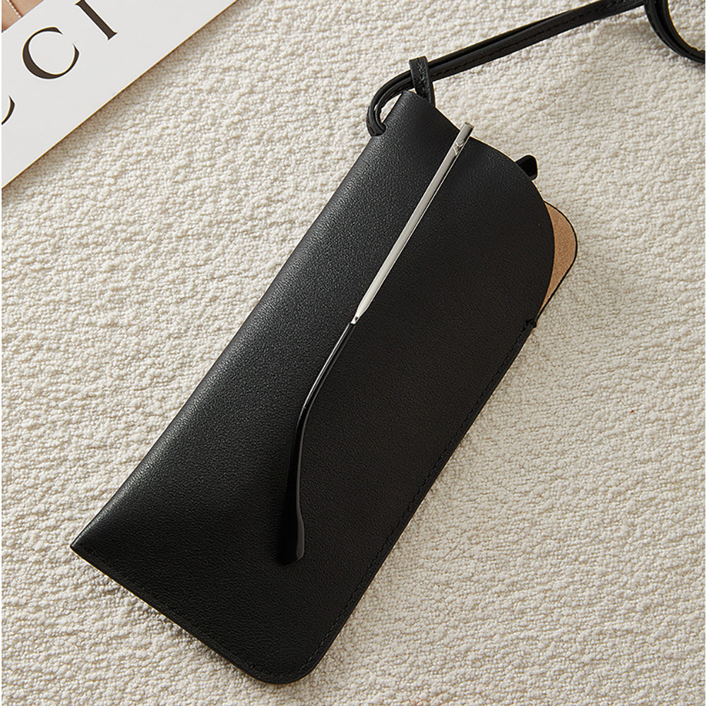 Handcrafted Genuine Leather Sunglasses Case – Portable Car Visor Sunglasses Holder with Neck Strap