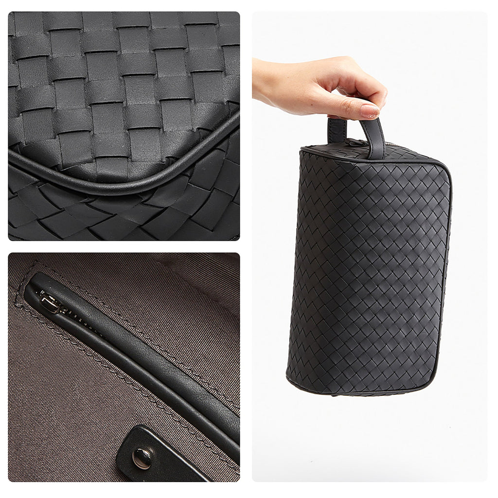 2025 New Arrival Black Woven Leather Makeup Bag - Large Capacity, Premium Cosmetic & Brush Organizer, Portable & Luxurious for Men & Women