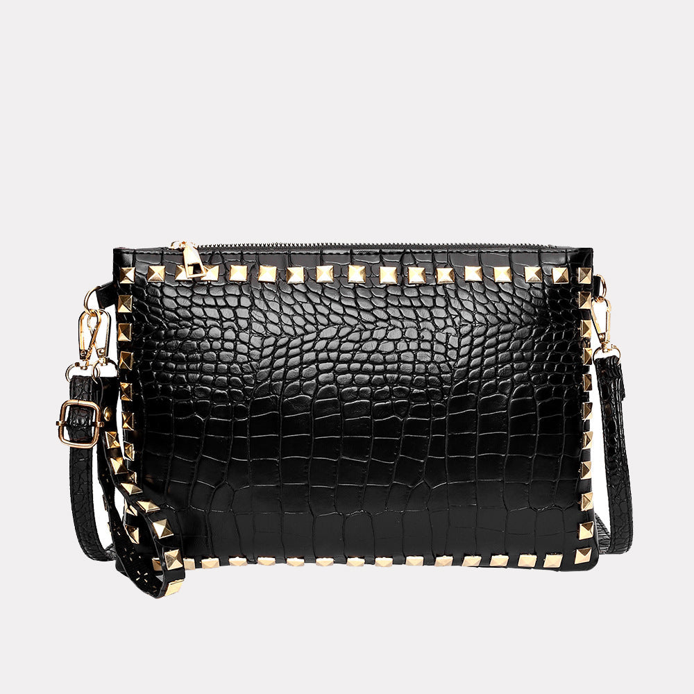 Women’s Croc Print Clutch Purse in Black Vegan Leather image