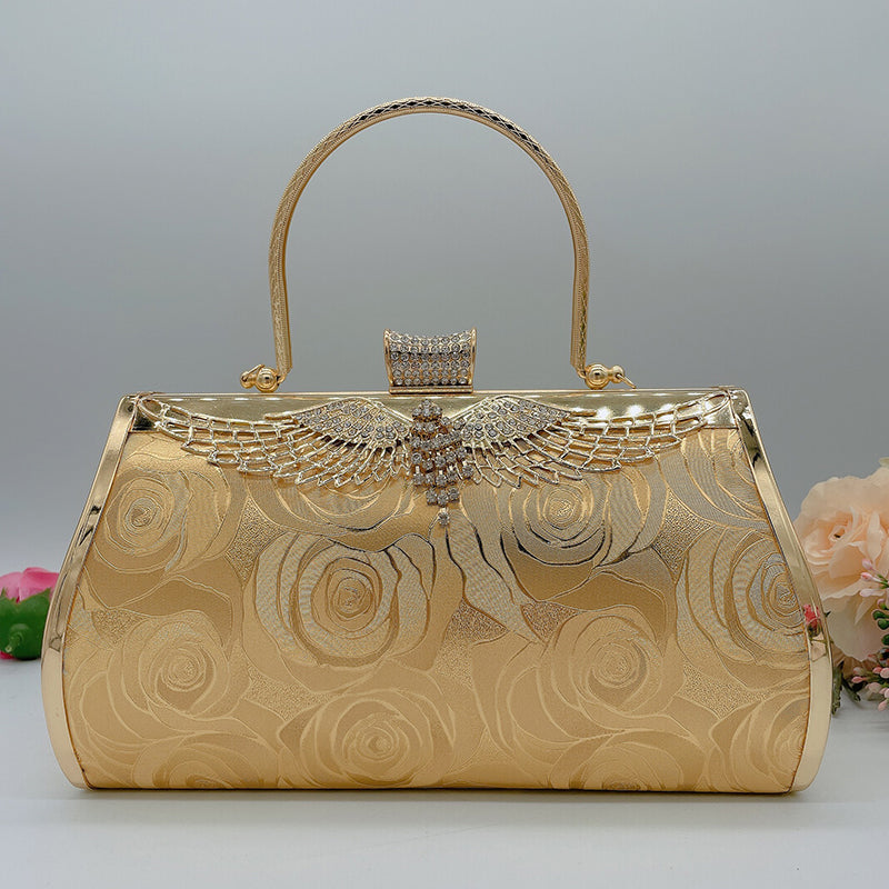 Women’s Rose Print Rhinestone Wings Evening Clutch Bags image 6