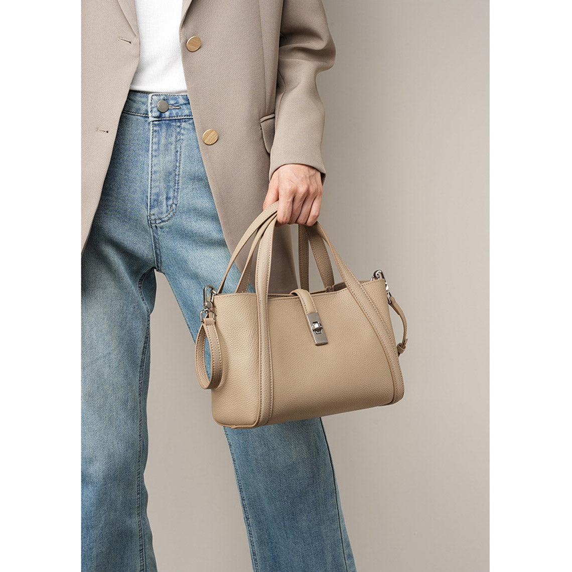 Beige Genuine Leather Handbag with Crossbody Strap - Wirkin®