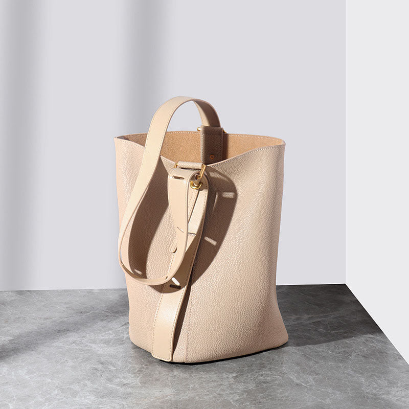 Women’s Beige Genuine Leather Minimalist Crossbody Bucket Bag image