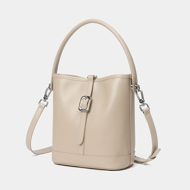 Women’s Beige Gray Genuine Leather Buckle Crossbody Shoulder Bucket Bag image 2