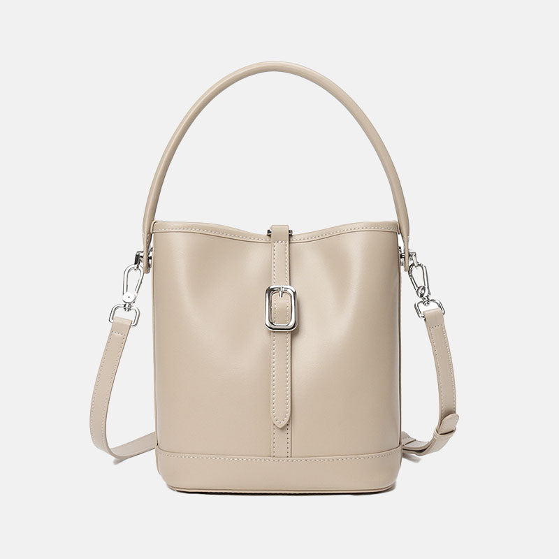 Women’s Beige Gray Genuine Leather Buckle Crossbody Shoulder Bucket Bag image