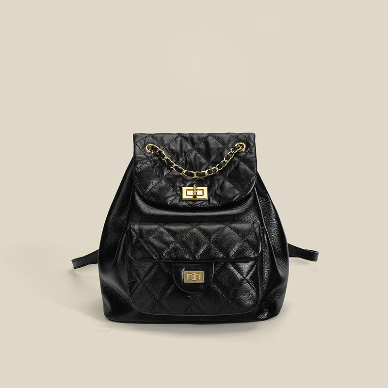 Women’s Black Genuine Leather Bucket Quilted Backpack Bag image 2