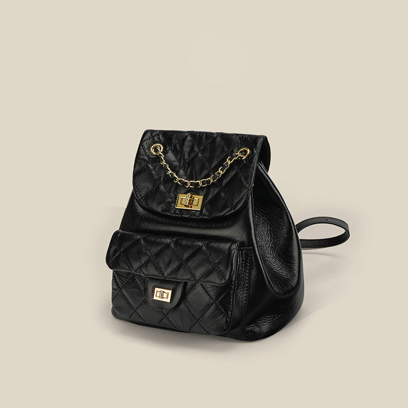 Women’s Black Genuine Leather Bucket Quilted Backpack Bag image 4