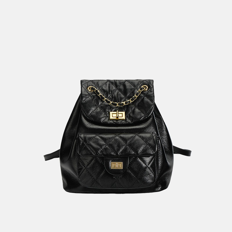 Women’s Black Genuine Leather Bucket Quilted Backpack Bag image