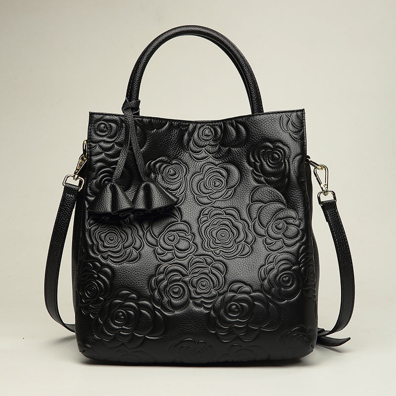 Women’s Black Genuine Leather Floral Embossed Crossbody Tote Bag image 2