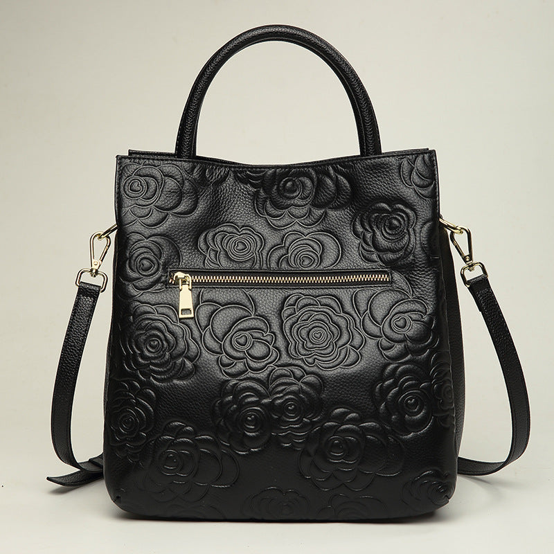 Women’s Black Genuine Leather Floral Embossed Crossbody Tote Bag image 3
