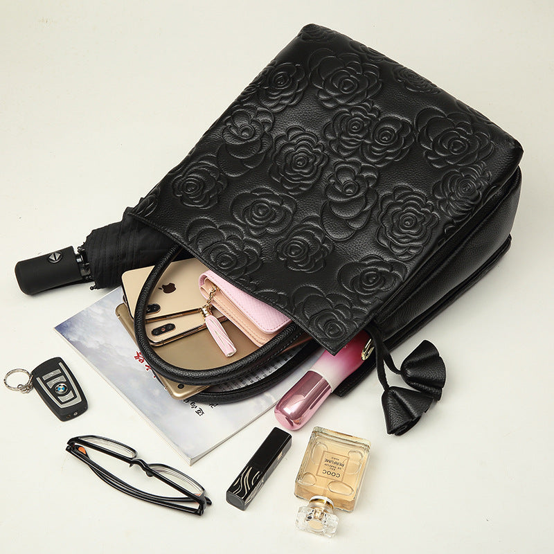 Women’s Black Genuine Leather Floral Embossed Crossbody Tote Bag image 4