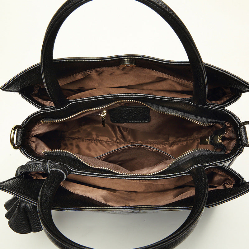 Women’s Black Genuine Leather Floral Embossed Crossbody Tote Bag image 5