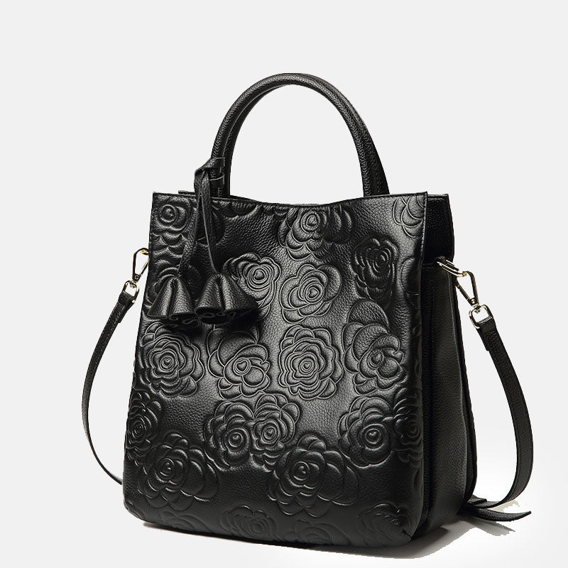 Women’s Black Genuine Leather Floral Embossed Crossbody Tote Bag image