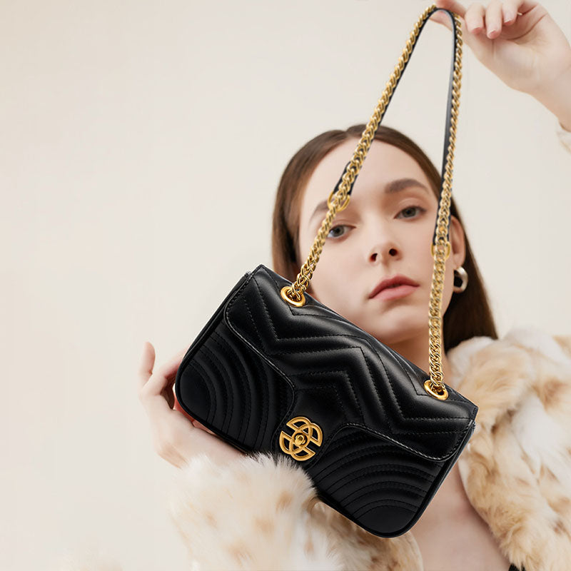 Women’s Black Genuine Leather Quilted Chain Crossbody Shoulder Bags image 3